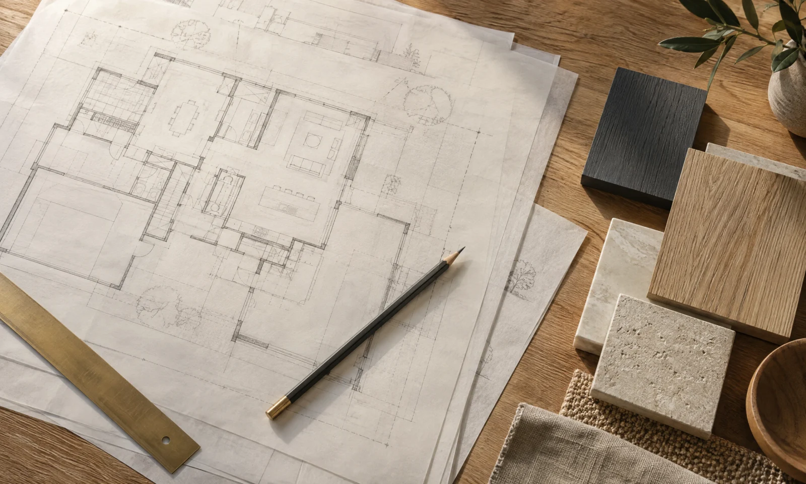 Architectural drawings, a pencil and wood and stone samples on a drafting table