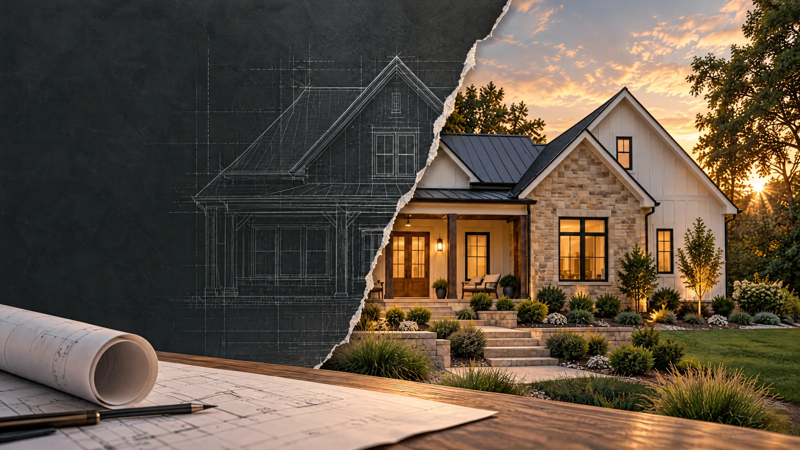 Architectural drawing on torn charcoal paper beside a stone and cream house at sunset, with plans on a wood drafting table